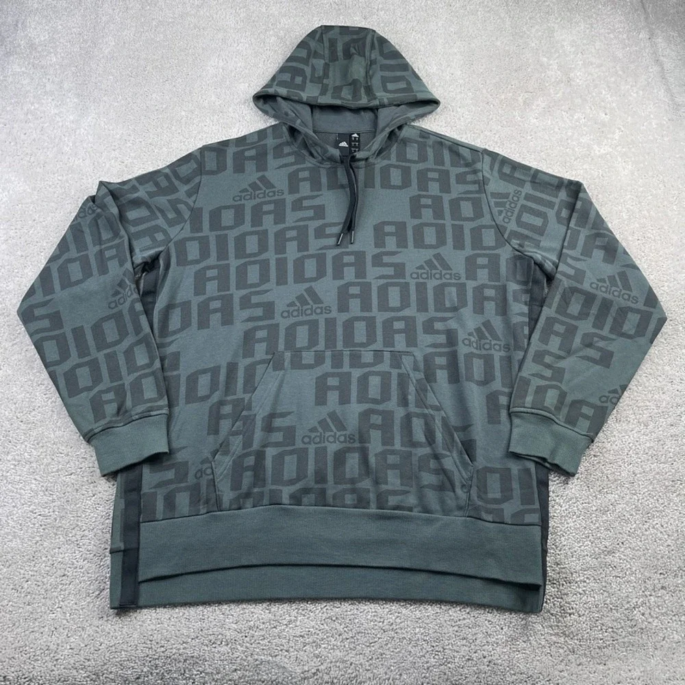 Adidas Hoodie Mens Medium Grey Logo AOP French Terry Pullover Sweatshirt